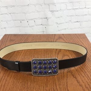 Chico’s Black Leather belt, silver buckle inlaid with faux royal blue stones EUC